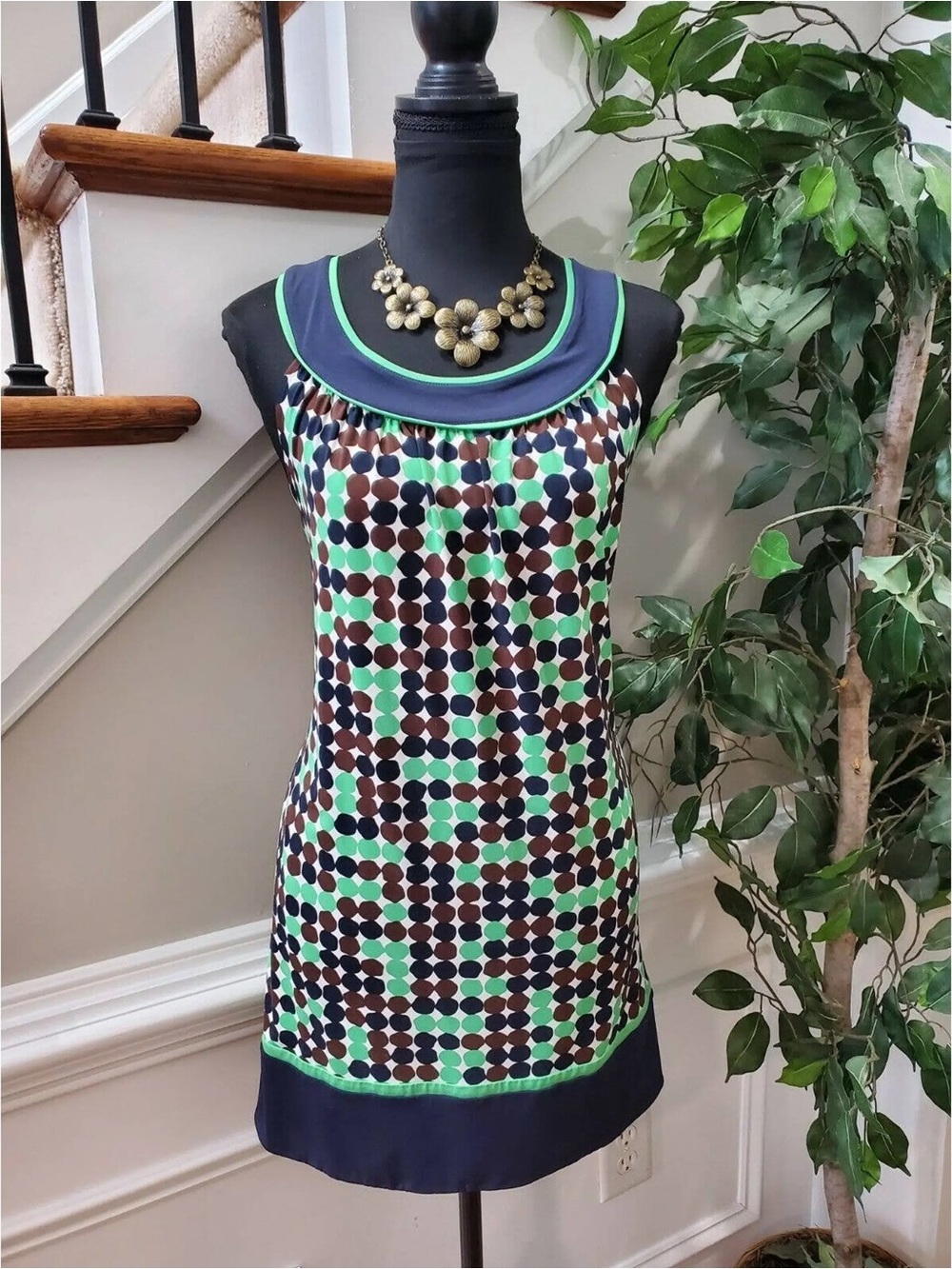 BCBGMaxAzria Navy, Mint & Gray Polka Dot Sleeveless Dress